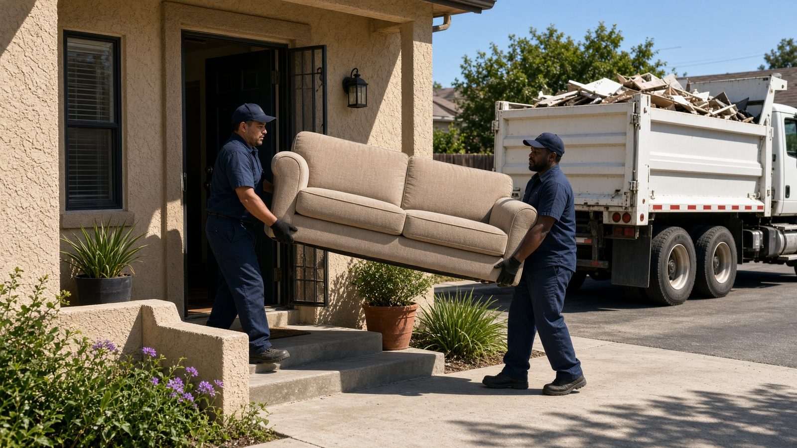 Crew carrying a sofa out of a San Diego house to the dump truck